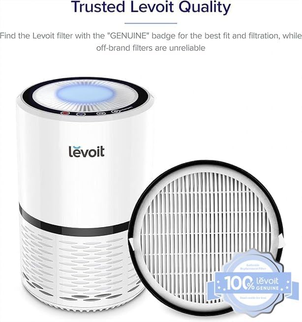 Levoit air purifier and genuine filter with the 100% Levoit badge, highlighting the importance of official filters for optimal performance.
