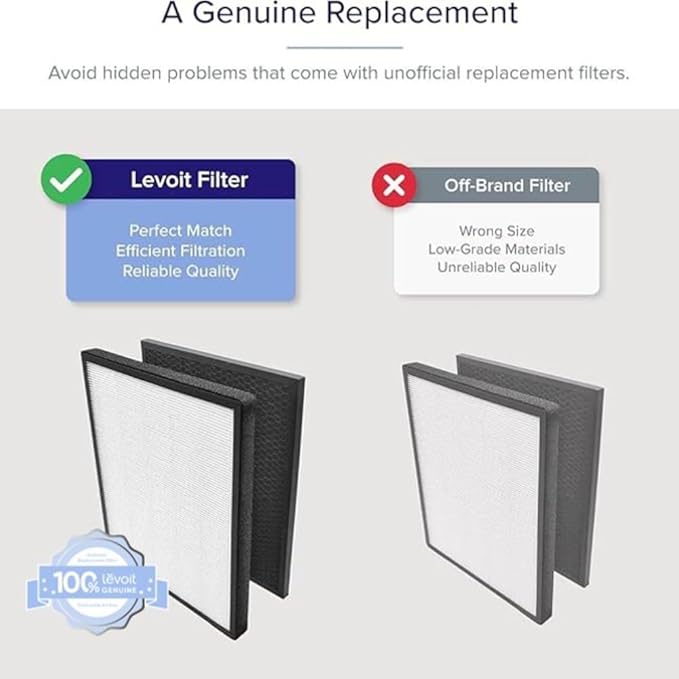 Comparison of Levoit LV-PUR131 genuine filter vs off-brand filter, highlighting better fit, efficiency, and quality with official replacement filters.