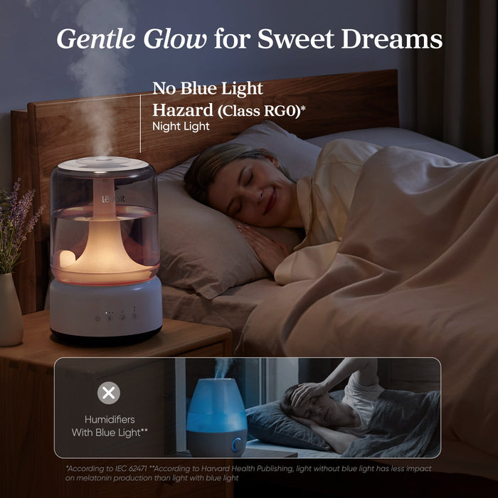 Levoit Neo 450 Humidifier: Class RG0 no-blue-light night light for undisturbed sleep, gentle glow for sweet dreams at home.