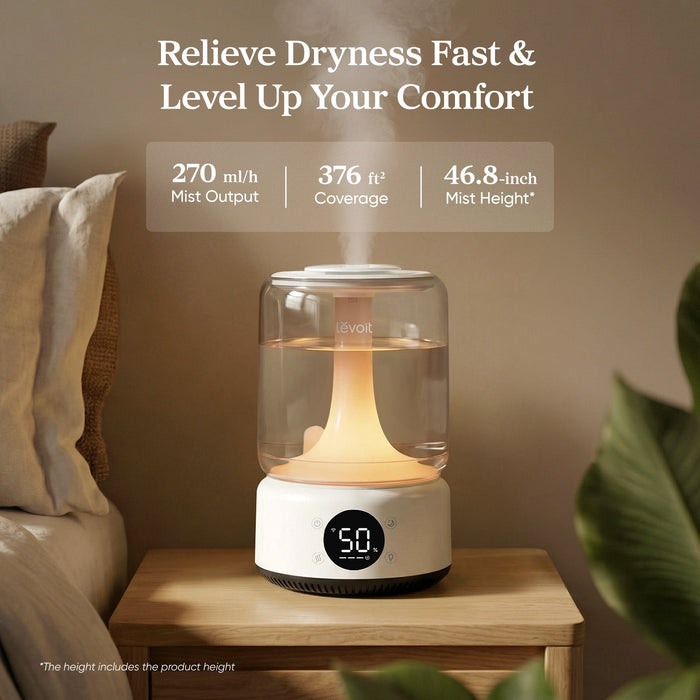 LEVOIT Neo 450S Smart Humidifier: Relieve Dryness Fast, 270ml/h mist output, 376 ft² coverage, 46.8-inch mist height, boosts home comfort efficiently.