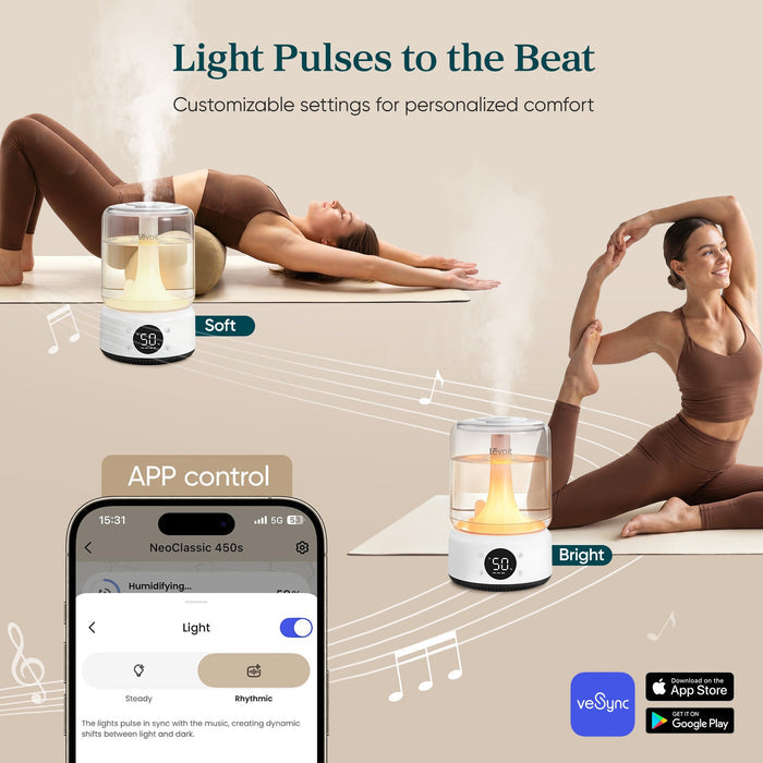 LEVOIT Neo 450S Smart Humidifier for house: Rhythmic light syncs to music, app-controlled brightness, 50% humidity display for yoga & relaxation.