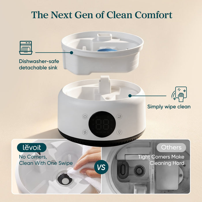 LEVOIT Neo 450S Smart Humidifier for home: Dishwasher-safe detachable sink, easy one-swipe cleaning, no tight corners for hassle-free hygiene maintenance.