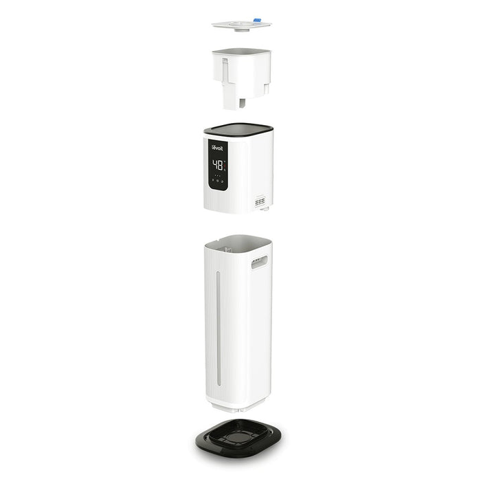 Levoit OasisMist 1000S Smart Ultrasonic Cool Mist Tower Humidifier showing disassembled components.