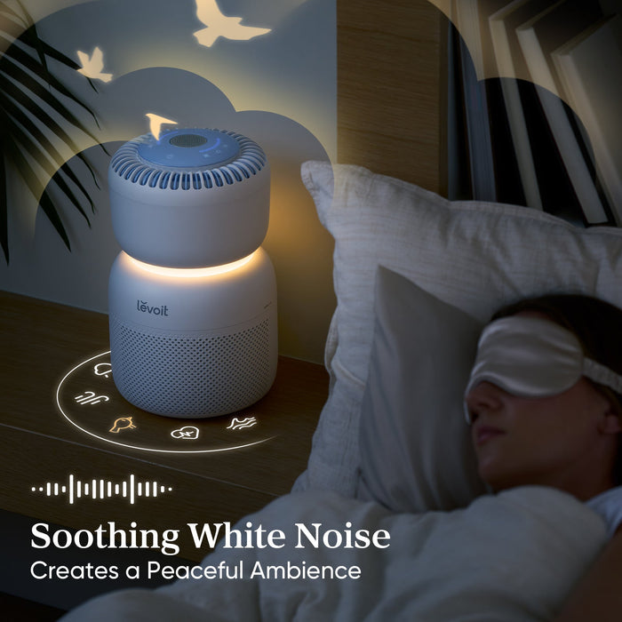 Levoit Sprout Air Purifier with soothing white noise, creating a peaceful ambience for restful sleep