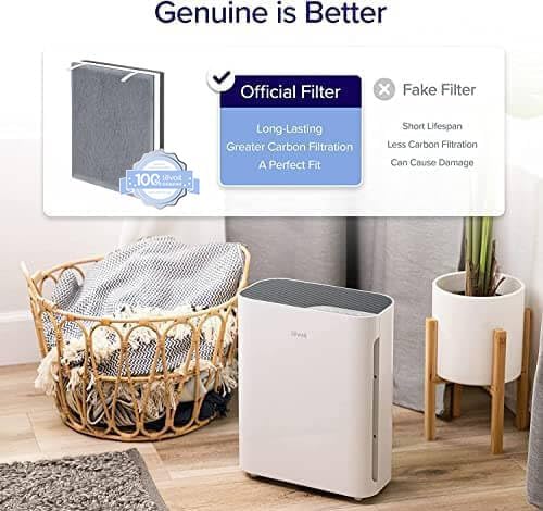 Levoit Vital 100 Air Purifier Replacement Filter comparison: official filter with long-lasting carbon filtration vs fake filter with short lifespan and potential damage.