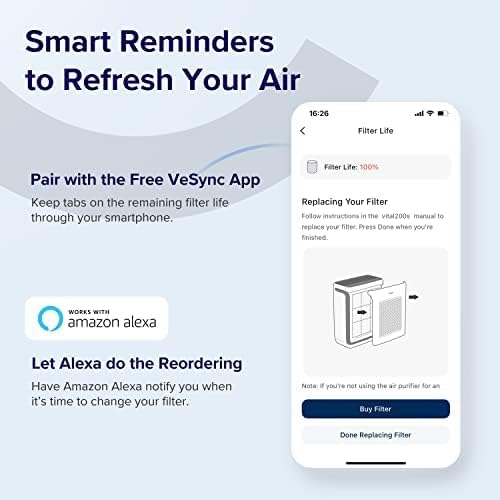 Levoit Vital 200S Replacement Filter - Smart reminders with the VeSync app to track filter life and reorder filters via Amazon Alexa