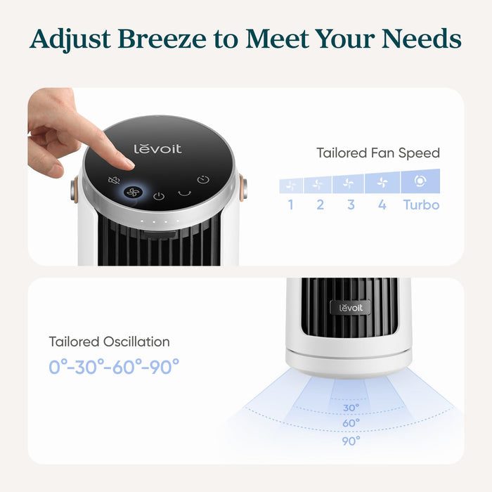 LEVOIT desk fan with customizable breeze: 4 speeds + Turbo mode and 0°-90° oscillation angles for personalized cooling