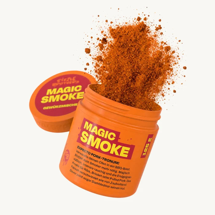 Orangene Dose mit Aufschrift 'MAGIC SMOKE', orangenes Gewürz flockt.