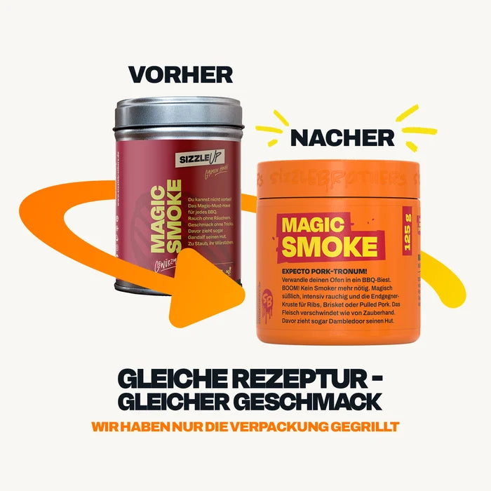 Alte und neue Gewürzdosen mit dem Text: Gleiches Rezept, gleicher Geschmack. Neue orange Dose.