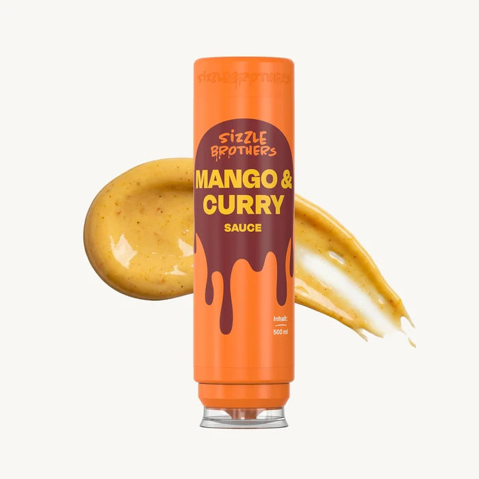 SizzleBrothers Mango & Curry Sauce, in  orangener 500 ml Flasche, mit Saucen Klecks