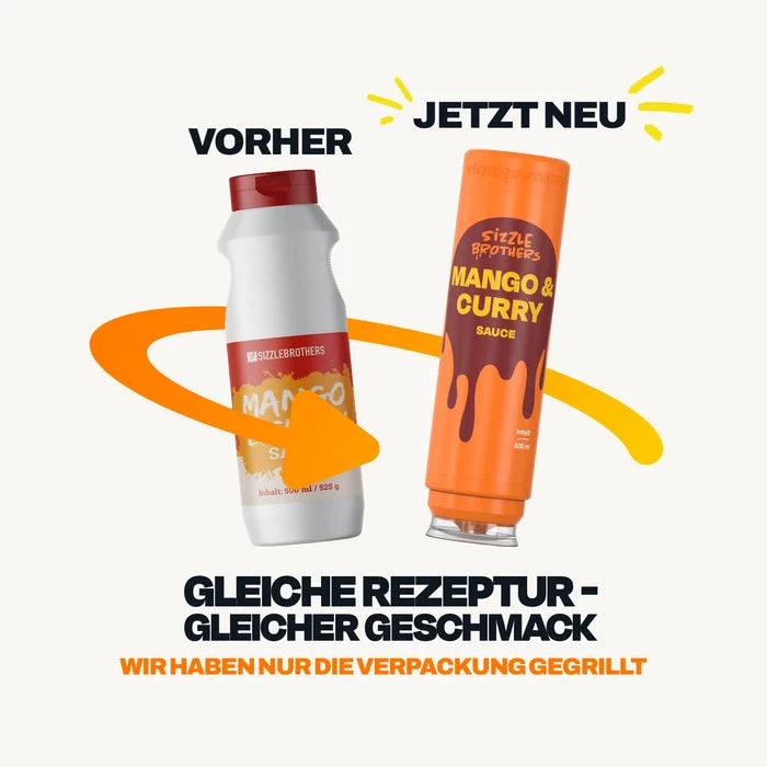 Vorher-Nachher-Vergleich der SizzleBrothers Mango Curry Sauce, alte weiße Flasche neben neuer Flasche in orange, Packaging-Redesign