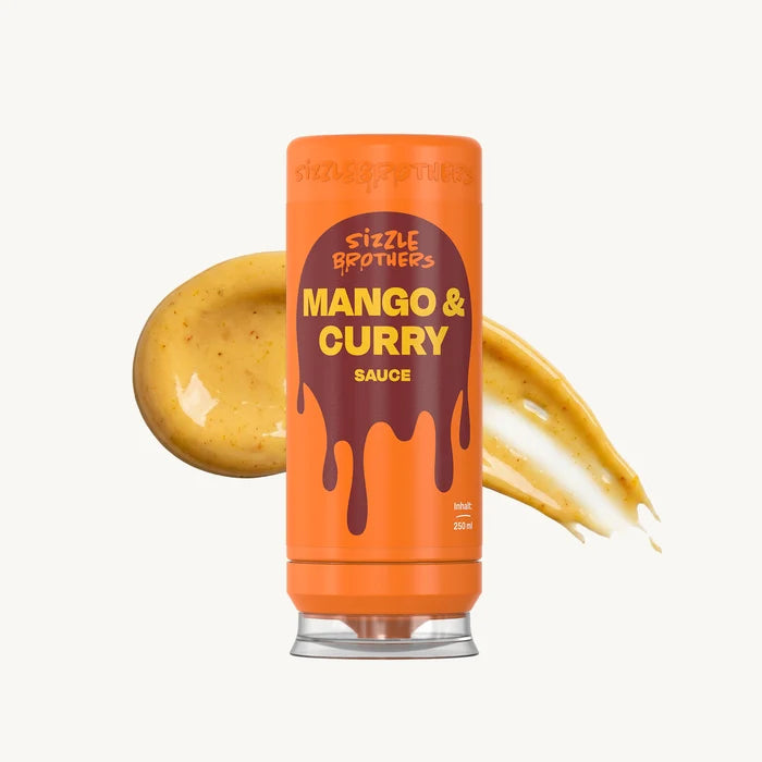 SizzleBrothers Mango & Curry Sauce, in  orangener 250 ml Flasche, mit Saucen Klecks