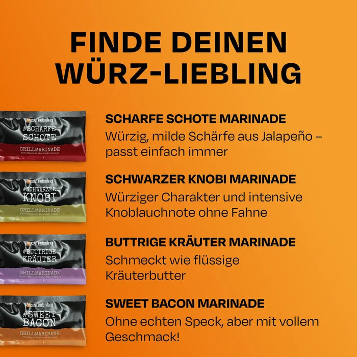 Produktbeschreibungen für scharfe Schote, schwarzer Knobi, buttrige Kräuter und Sweet Bacon Marinade.