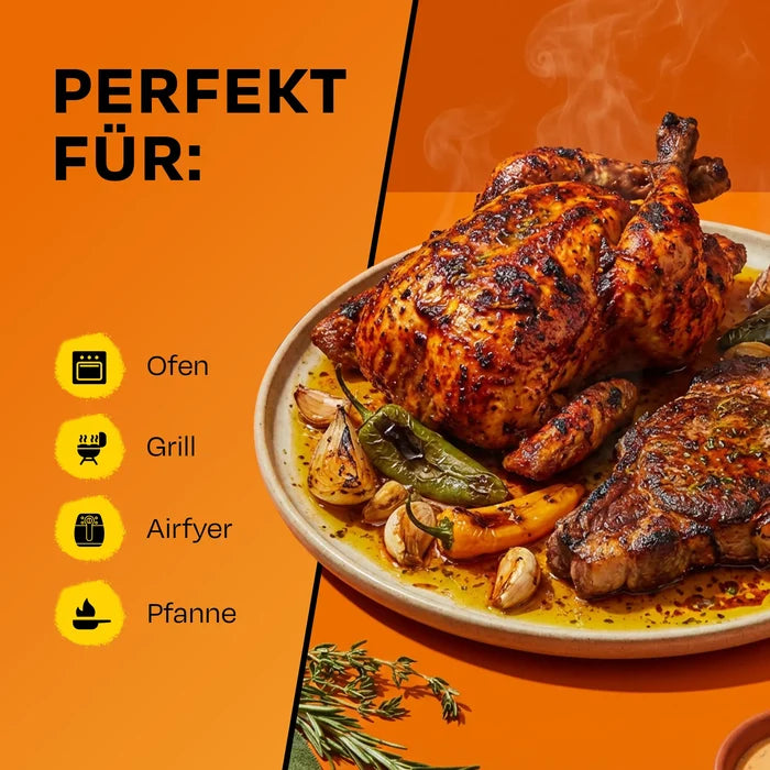 Braten auf Teller mit Gemüse, Text: PERFEKT FÜR Ofen, Grill, Airfryer, Pfanne.