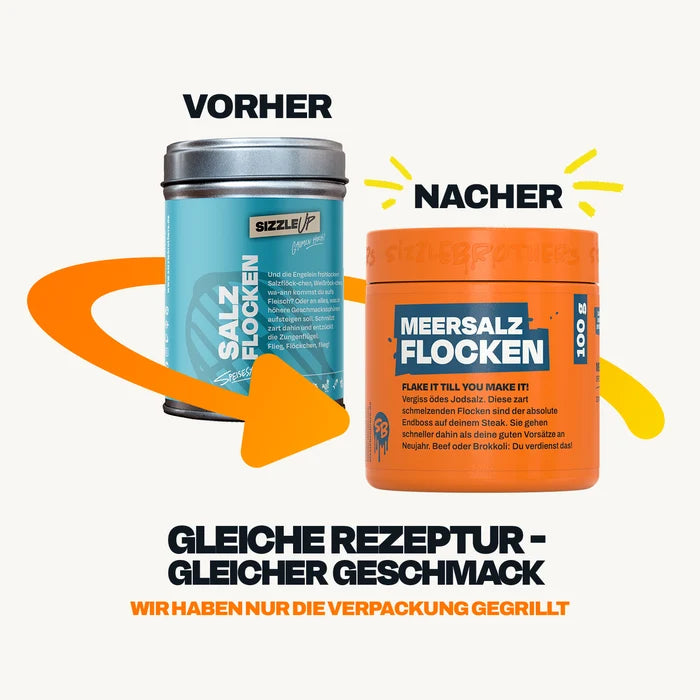 Meersalz-Gewürzdosen, alte und neue orange Dose, Text: Gleiches Rezept, gleicher Geschmack.