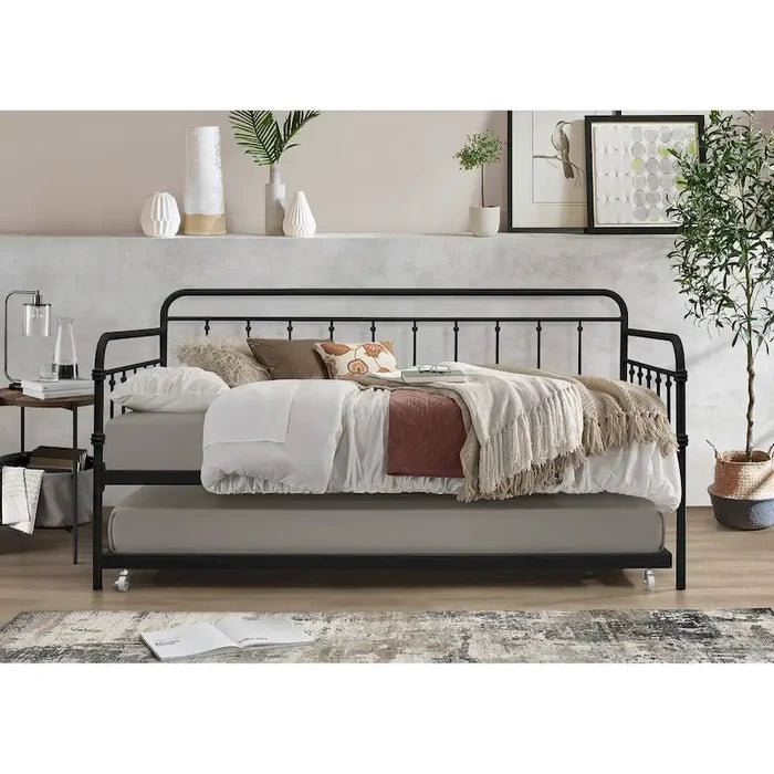 Metal Daybed with Trundle Pull-Out Bed Frame Elegant Spindle Design