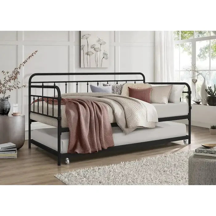 Metal Daybed with Trundle Pull-Out Bed Frame Elegant Spindle Design