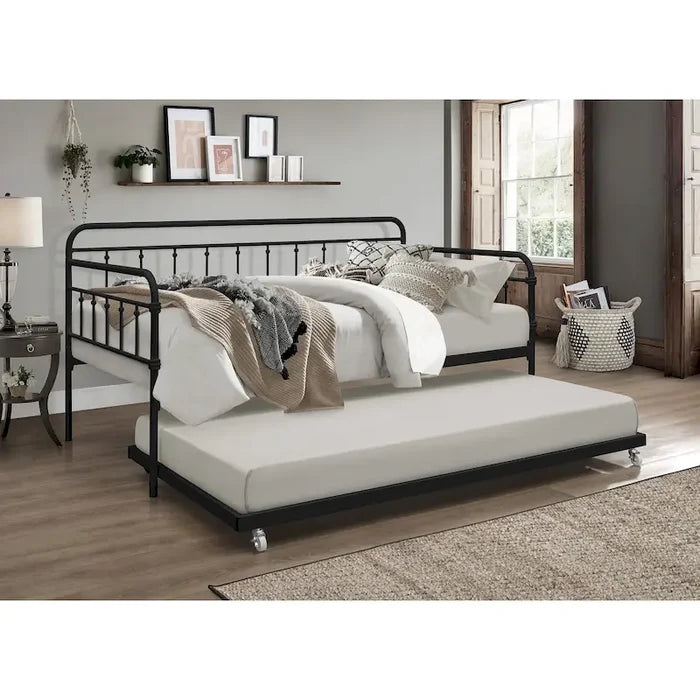 Metal Daybed with Trundle Pull-Out Bed Frame Elegant Spindle Design