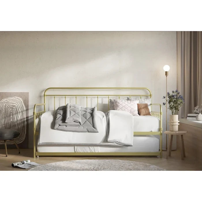 Metal Daybed with Trundle Pull-Out Bed Frame Elegant Spindle Design