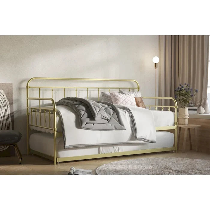 Metal Daybed with Trundle Pull-Out Bed Frame Elegant Spindle Design