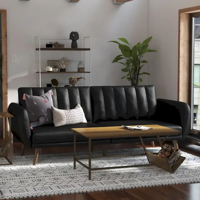 Mid-Century Modern Faux Leather Convertible Futon Sofa Bed Couch