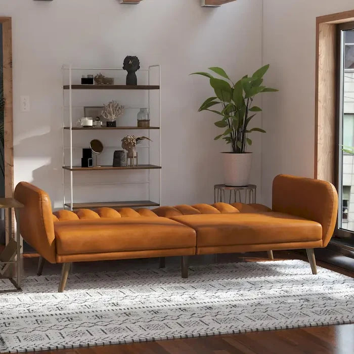 Mid-Century Modern Faux Leather Convertible Futon Sofa Bed Couch