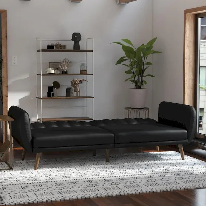 Mid-Century Modern Faux Leather Convertible Futon Sofa Bed Couch