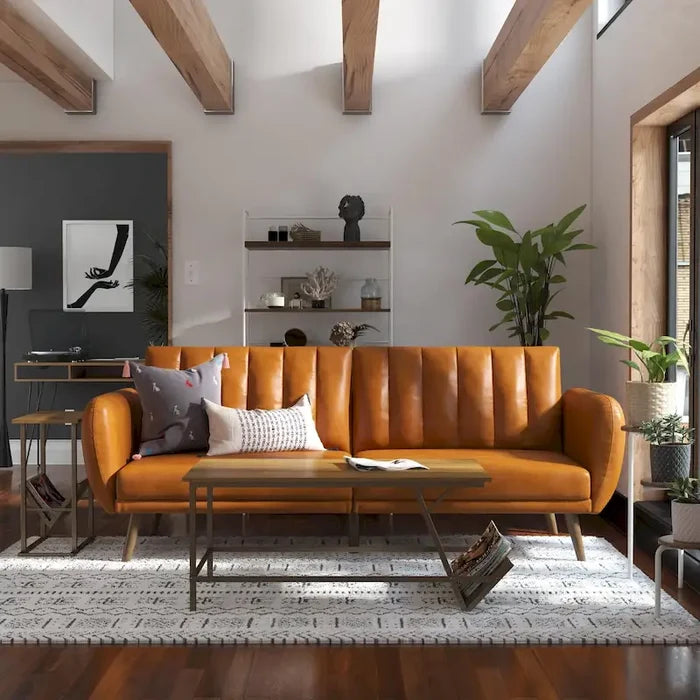 Mid-Century Modern Faux Leather Convertible Futon Sofa Bed Couch