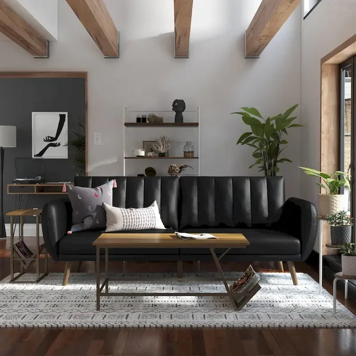Mid-Century Modern Faux Leather Convertible Futon Sofa Bed Couch