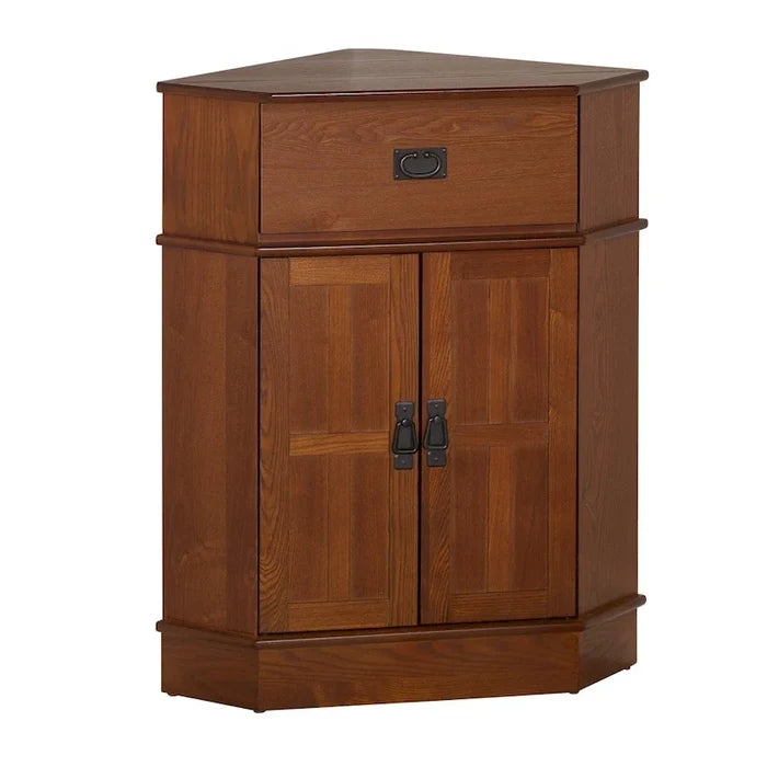 Mission Style Solid Wood Corner Cabinet with Pull-Out Tray and Storage