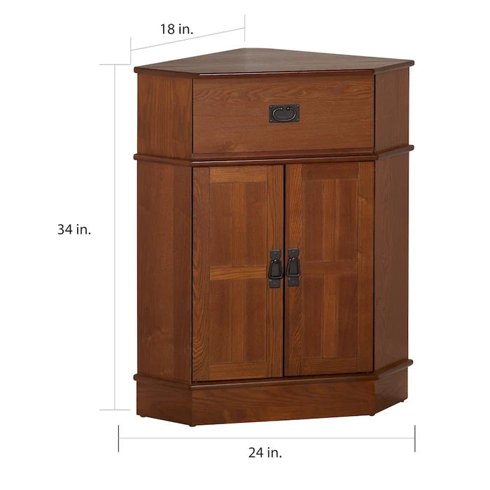 Mission Style Solid Wood Corner Cabinet with Pull-Out Tray and Storage