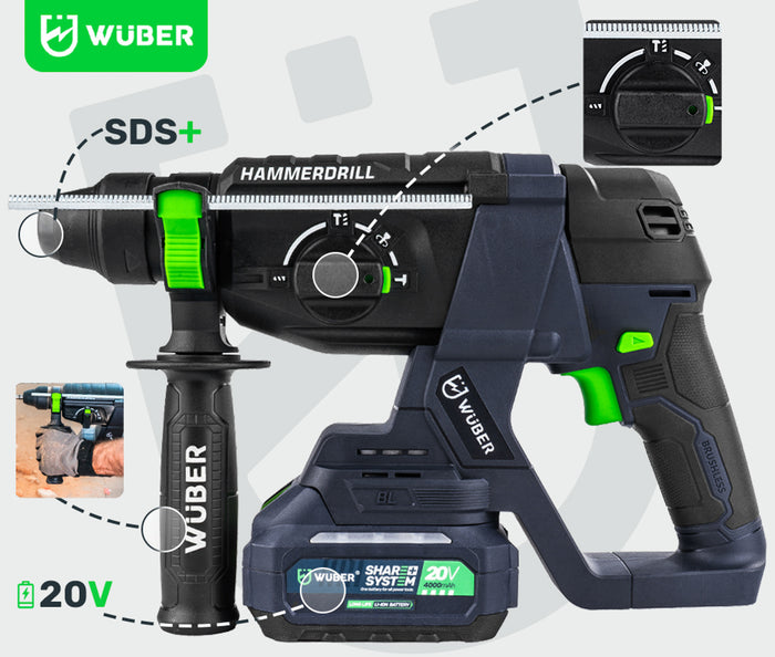 Akumulatorowa młotowiertarka WUBER 1000 W z systemem SDS+ i ergonomiczną rączką