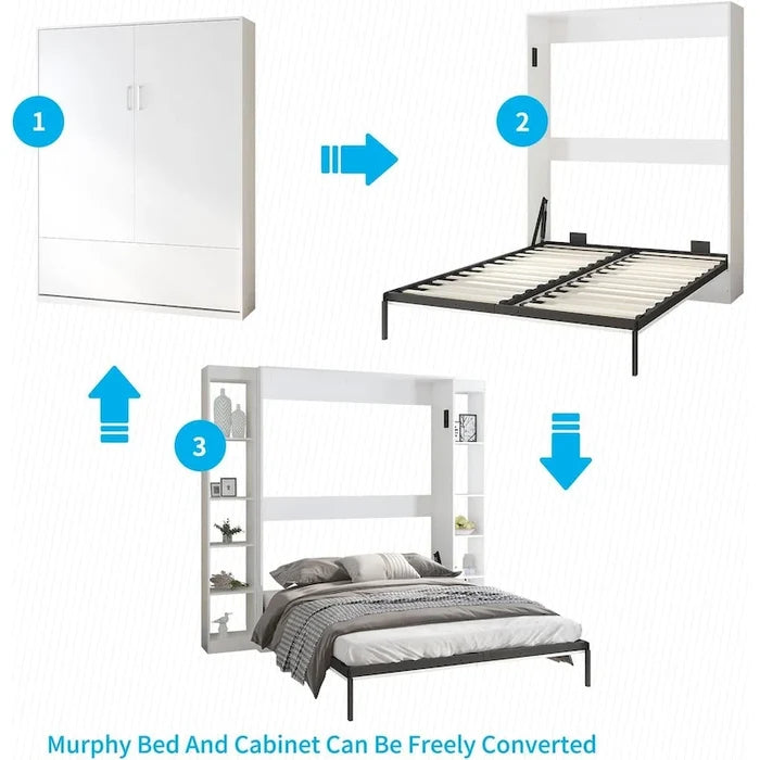 Murphy Bed Folding Wall Bed with 2 Side Cabinet Shelves