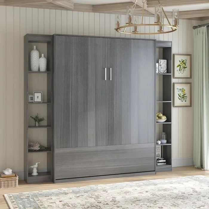Murphy Bed Folding Wall Bed with 2 Side Cabinet Shelves