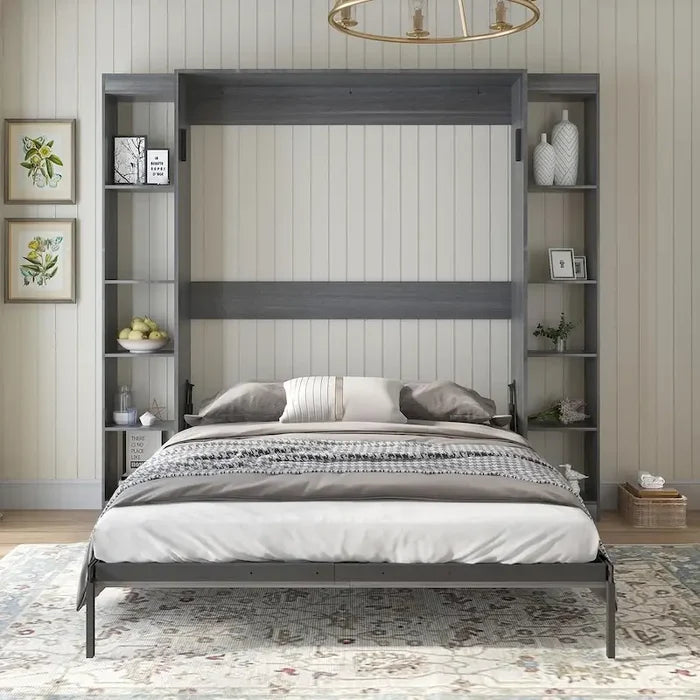 Murphy Bed Folding Wall Bed with 2 Side Cabinet Shelves