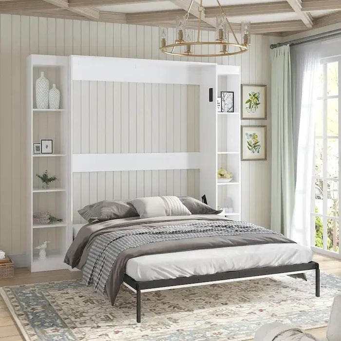 Murphy Bed Folding Wall Bed with 2 Side Cabinet Shelves