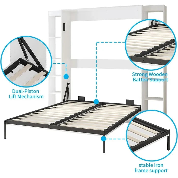 Murphy Bed Folding Wall Bed with 2 Side Cabinet Shelves