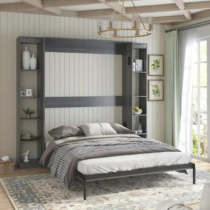 Murphy Bed Folding Wall Bed with 2 Side Cabinet Shelves