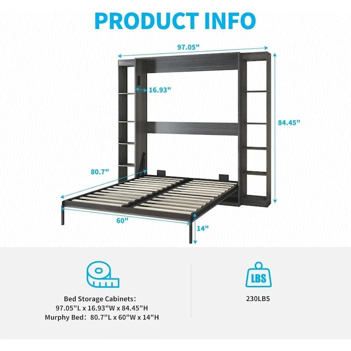 Murphy Bed Folding Wall Bed with 2 Side Cabinet Shelves