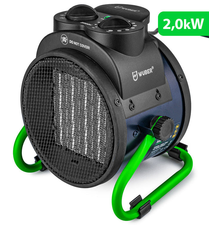 Czarny grzejnik elektryczny Sklep narzędziowy WUBER z mocą 2,0 kW i zielonym przewodem