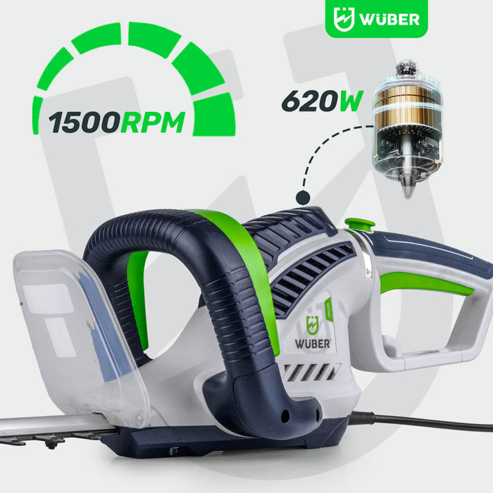 Prędkość obrotowa 1600 obr./min i moc silnika elektrycznego 600 W w nożycach do żywopłotu