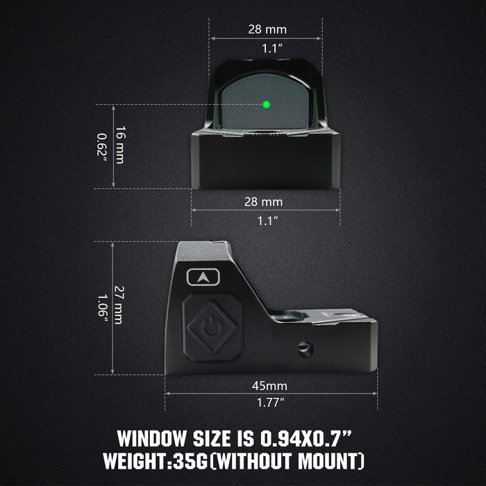 ohhunt® 2 MOA Shake Awake Green Dot Sight Compatible with Picatinny Mount or RMR Footprint