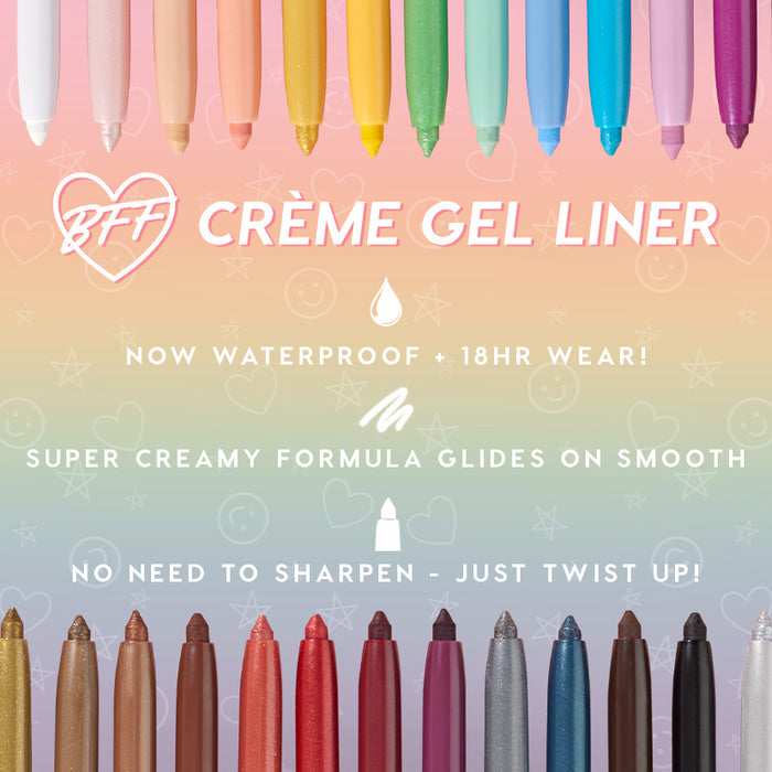 ColourPop Crème Gel Liner in Outer Space showcased among a rainbow lineup of twist‑up pencils, tips exposed to display its creamy glide and waterproof 18‑hour wear, set against a pastel gradient backdrop with stars and hearts.