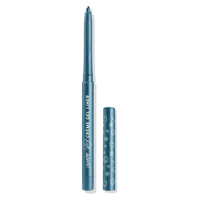 ColourPop Crème Gel Liner Outer Space shown uncapped with twist-up tip extended, metallic teal barrel labeled CREME GEL LINER and a matching cap decorated with moons, stars, and hearts, set against a clean white background.