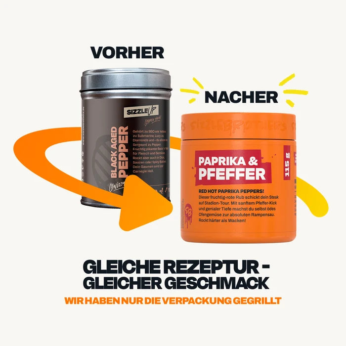 Vorher-Nachher von Paprika & Pfeffer Dosen, neue orange Dose, Text: Gleiches Rezept, gleicher Geschmack.