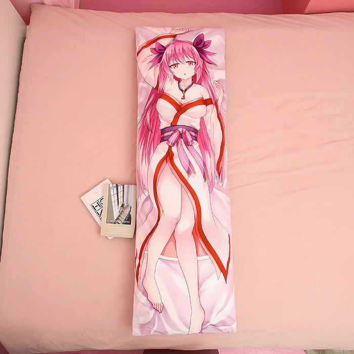 Custom anime body pillow with pink-haired character on a pink bed, books beside it