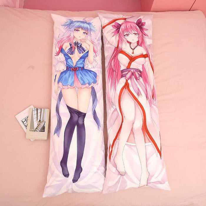 Custom anime dakimakura body pillows with colorful character prints on a pink bed