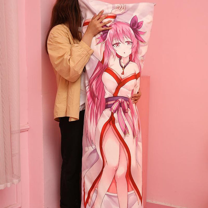 Person holding custom anime body pillow with pink-haired character in red and white outfit
