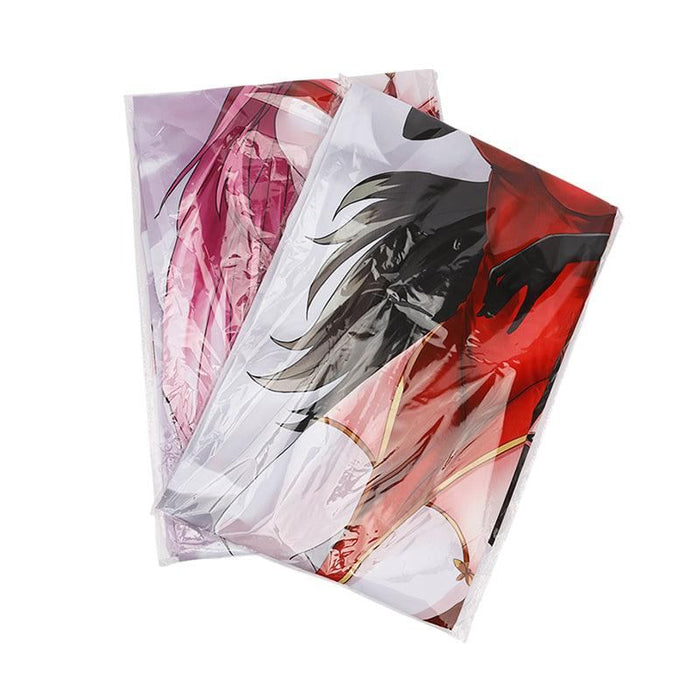 Custom anime dakimakura body pillow covers in clear packaging, featuring colorful character art.
