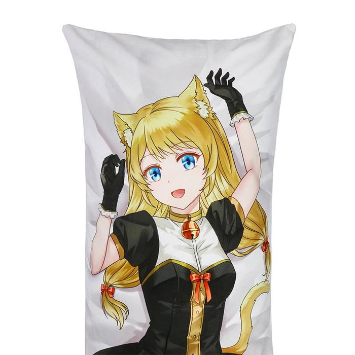 Custom anime body pillow featuring blonde cat girl in black cosplay outfit with cat ears
